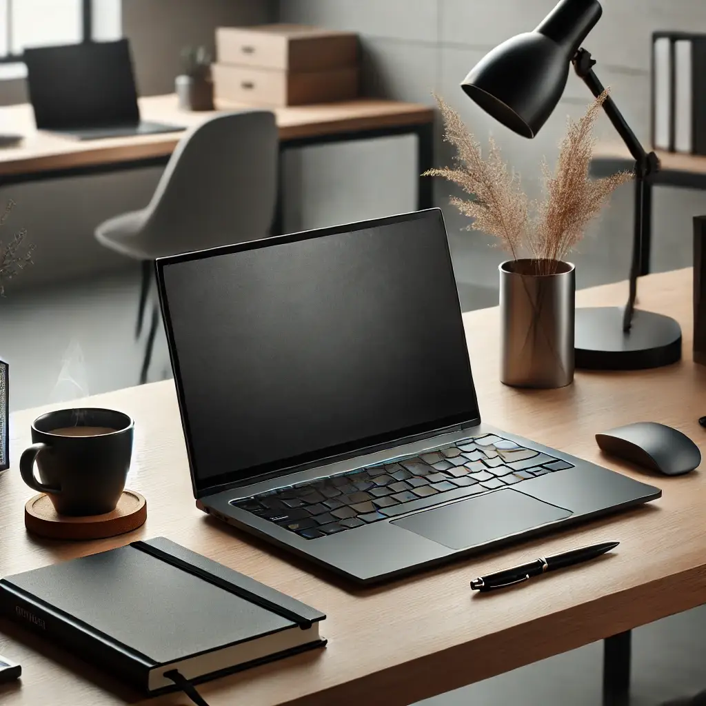 Professionele werkplek met een zakelijke laptop koop deze bij Zwartbeeld